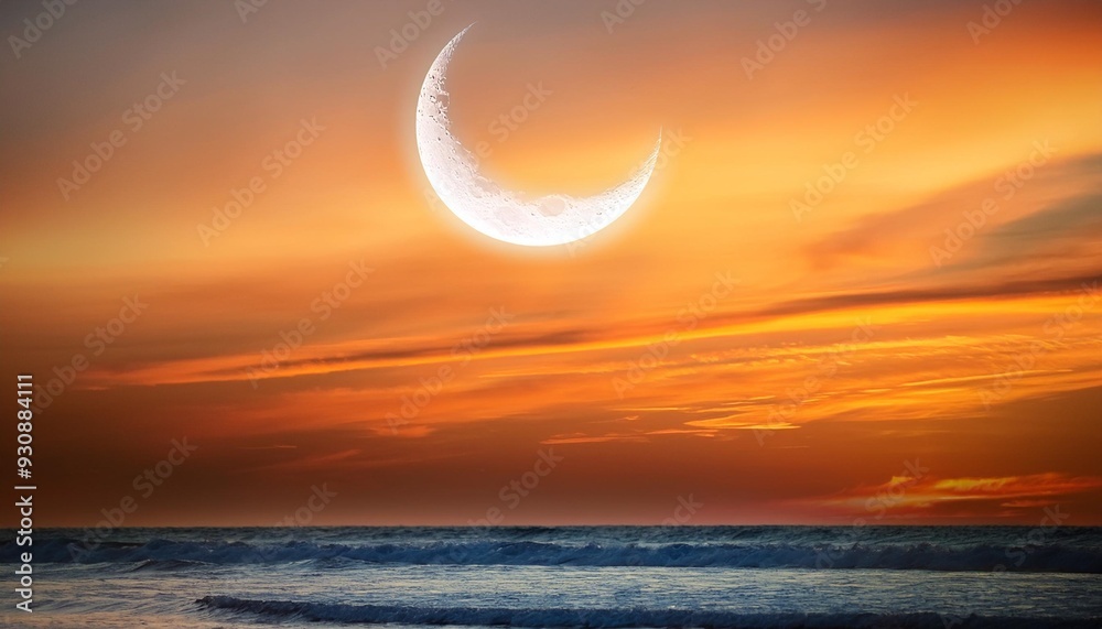 Wall mural abstract background of with crescent moon over the sea at sunset