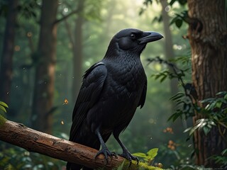Fototapeta premium Black birds perch on branches amidst green foliage in a wild forest setting