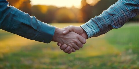 Men shaking hands on a golf course for sports partnership or trust on a grass field Happy sporty individuals collaborating for a good match game or competition outdoors