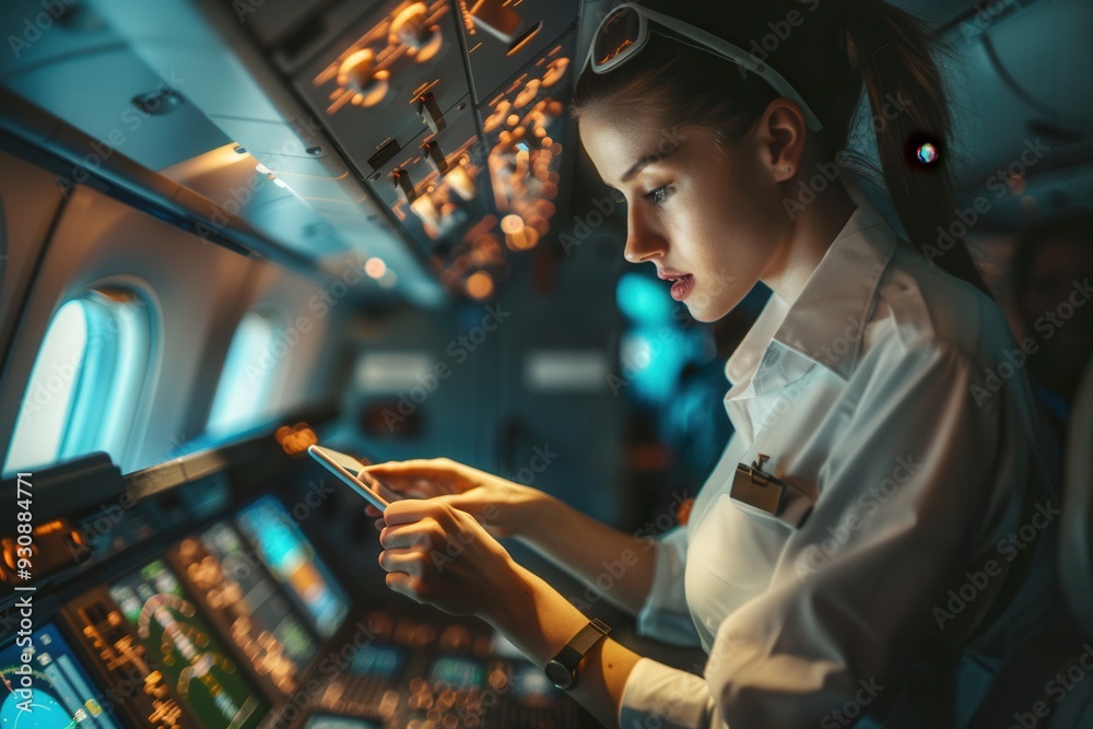 Poster A flight attendant is intently examining instruments in the cockpit while flying high above the clouds. Generative AI