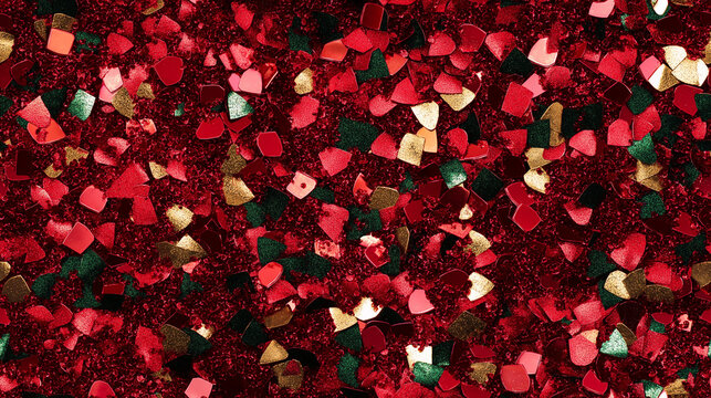 sparkling ruby red sequin texture with scattered gold and emerald accents