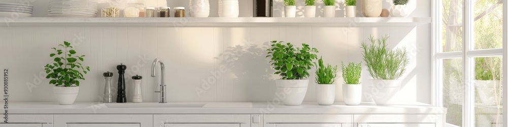 Poster contemporary kitchen featuring white shelving and potted plants adding a touch of greenery to the de