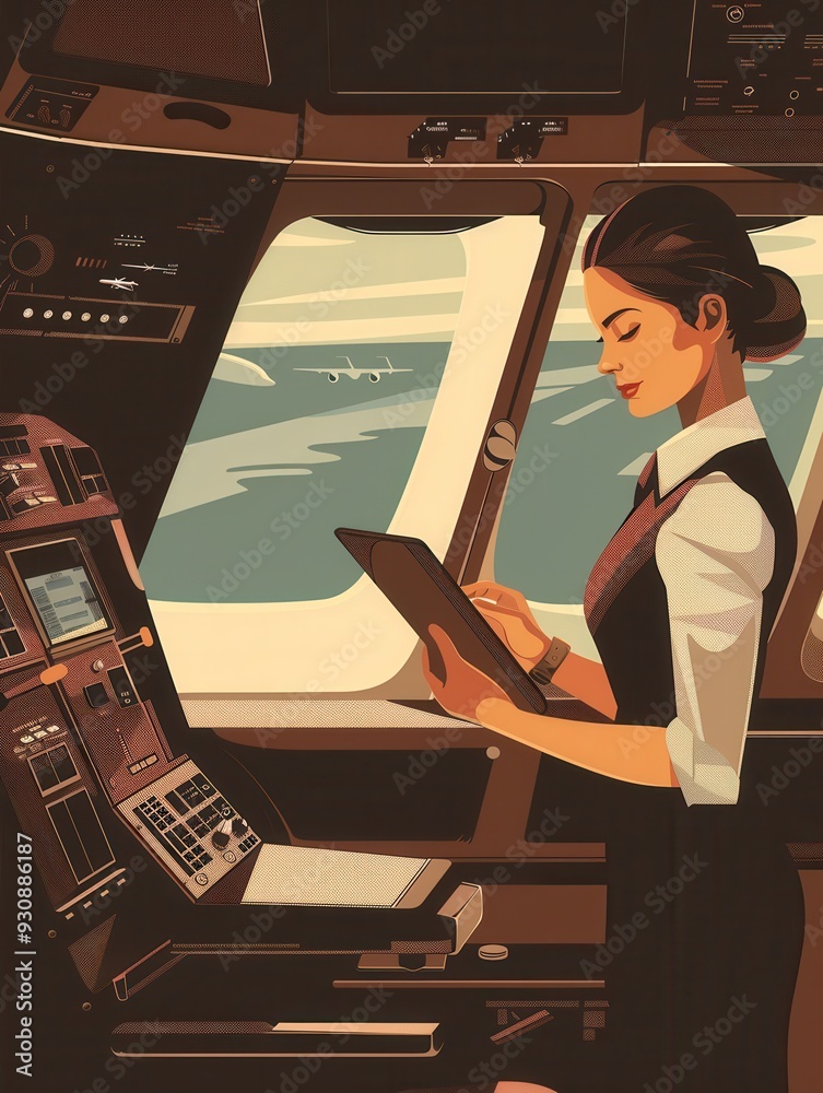 Poster A flight attendant attentively checks documents in the cockpit while flying high above the clouds on a sunny day. Generative AI