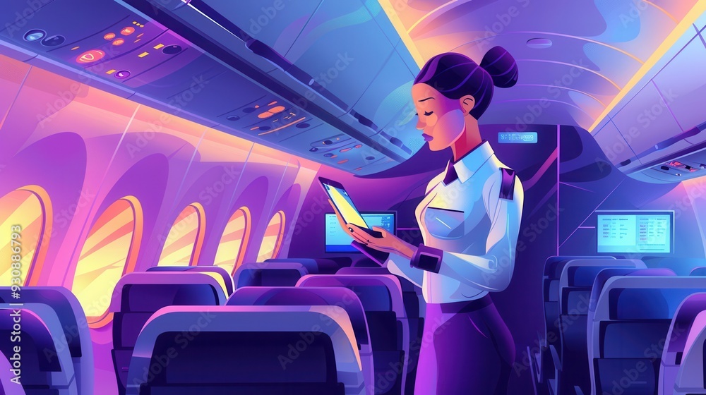 Poster A flight attendant checks her tablet while standing in the aisle of an airplane, surrounded by empty seats and warm sunset light. Generative AI