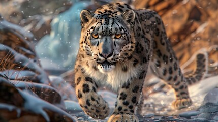 Fototapeta premium a snow leopard's gaze is intense as it navigates the rugged landscape. This image captures the essence of survival and the raw beauty of this endangered species in its frigid home.