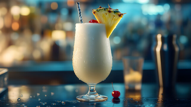 Pi&ntilde;a colada fresco con capperello di ananas e ciliegia acacia in un bicchiere alto