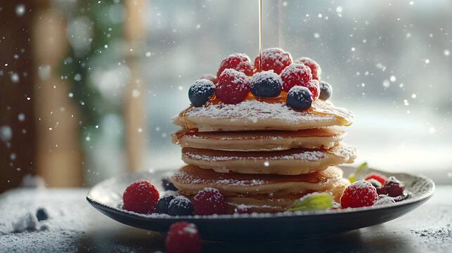 Raccolta di pancake spuma con sciroppo d'acero freschi frutti zucchero a velo
