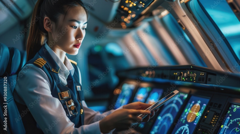 Poster the flight attendant attentively checks necessary documents in the cockpit as twilight descends outs
