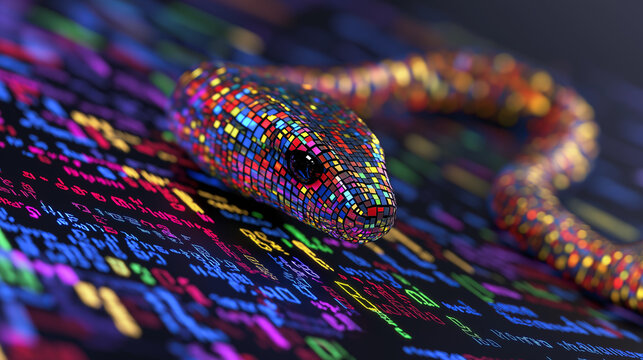 A colorful, pixelated snake slithers across a field of digital code.