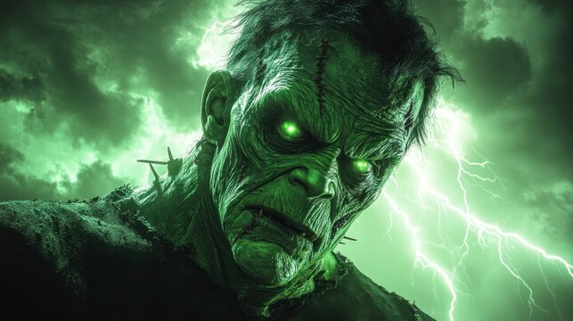 Frankenstein's monster with glowing eyes stands in front of a stormy sky.