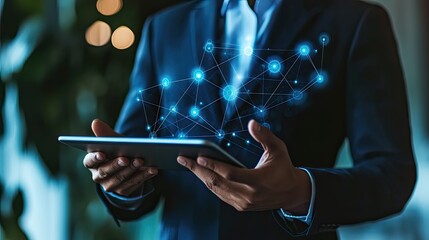 A business professional holding a tablet displaying a network diagram, symbolizing the integration of network technology in modern business.