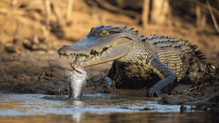 Obraz premium Crocodile catches fish in muddy river bank.