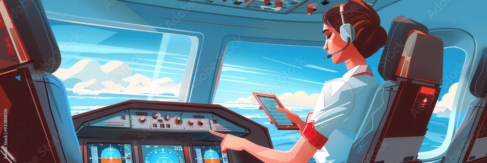 Poster a flight attendant uses a tablet to monitor instruments while flying over a beautiful blue sky, ensu