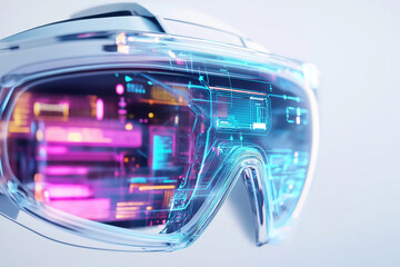 Obraz premium Futuristic transparent goggles with a digital display reflecting a vibrant array of neon lights.