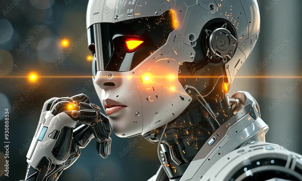 Poster a futuristic robotic figure deep in thought with glowing features in a high-tech environment. genera