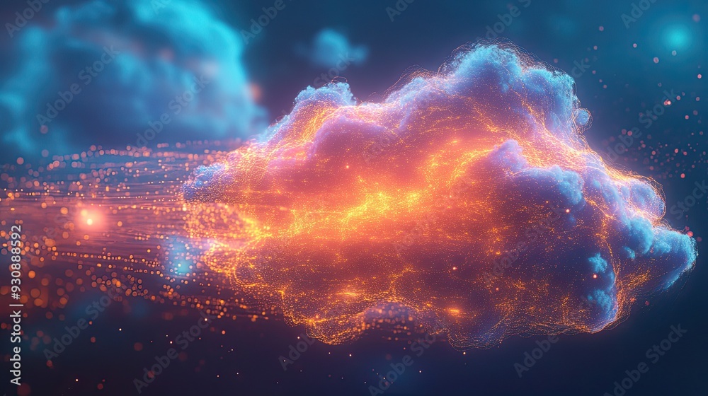 Poster a futuristic abstract cloud composed of layers of light and digital code, representing the advanced 