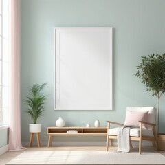 Fototapeta premium Mockup plain white frame in interior background, room with light pastel colors, 3d rendering