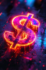 A digital dollar symbol with vibrant, neon colors on a dark, futuristic background