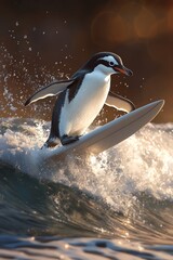 Obraz premium A penguin rides a surfboard with perfect balance, gliding across a gentle wave