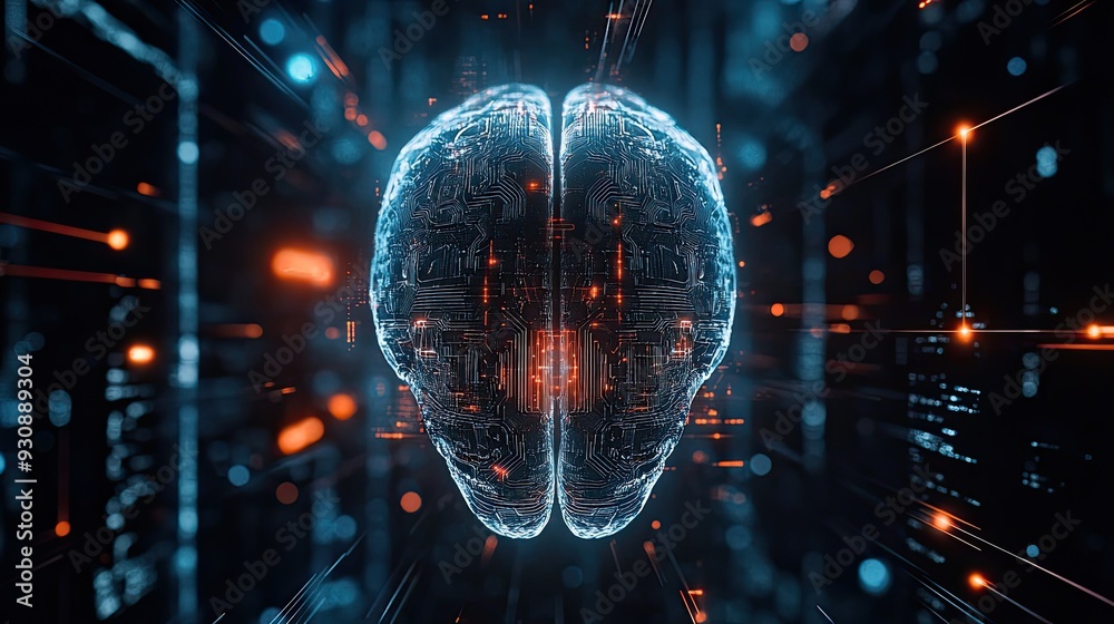 Poster abstract ai brain design with luminous lines and tech symbols