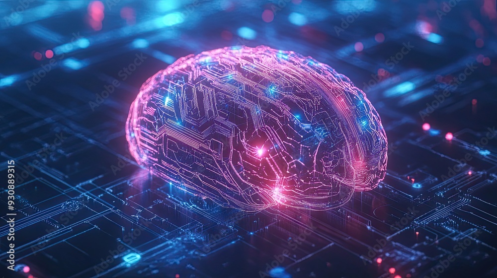 Poster abstract ai brain design with luminous lines and tech symbols