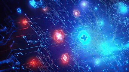 Abstract background with glowing circuits and medical data streams, symbolizing the digital transformation in healthcare