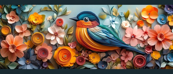 Adorable papercrafted bird with vibrant feathers, surrounded by colorful flowers in a whimsical garden