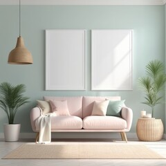 Mockup plain white frame in interior background, room with light pastel colors, 3d rendering