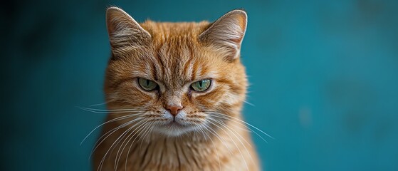 An angry cat with a grumpy expression, centered closeup shot against a blue gradient background