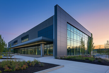 Modern office building with large glass facade at dusk.