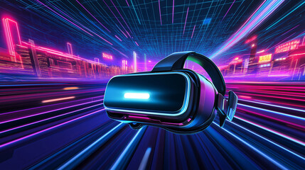VR headset in a neon-lit cityscape, futuristic digital landscape.