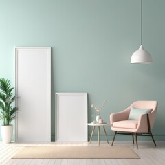 Mockup plain white frame in interior background, room with light pastel colors, 3d rendering