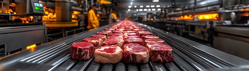Conveyor belt with raw beef cuts, stainless steel machinery, bright industrial lighting, meat processing plant