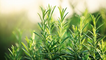 close up of green rosemary leaves in agriculture plantation wit