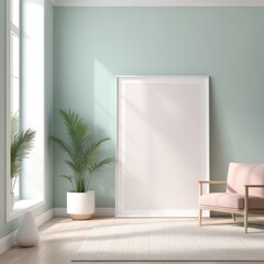 Mockup plain white frame in interior background, room with light pastel colors, 3d rendering