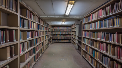 Obraz premium Rows of books lining the shelves in a dusty old library.