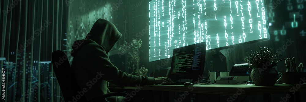 Poster a silhouette of a hacker in a hoodie focuses on a computer, surrounded by glowing matrix-like code o