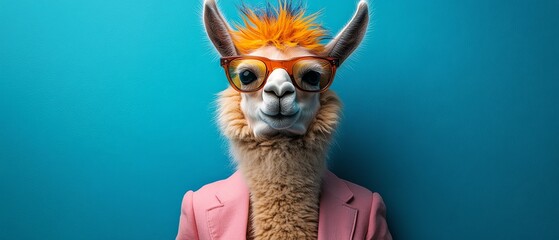 Fototapeta premium Llama with a spiky orange hairstyle, sunglasses, and pink suit, bright blue background, quirky and fun