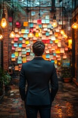 Man in a suit, facing a brick wall covered in colorful sticky notes, warm hanging lights, focused atmosphere