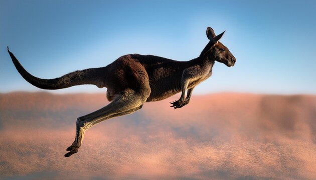 A kangaroo mid-leap, its powerful body fully extended in the air, with a clear sky and empty