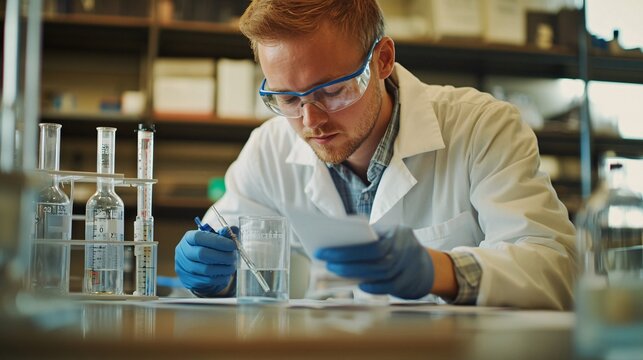 A diligent environmental technician analyzing water samples in a laboratory, surrounded by scientific instruments and notes