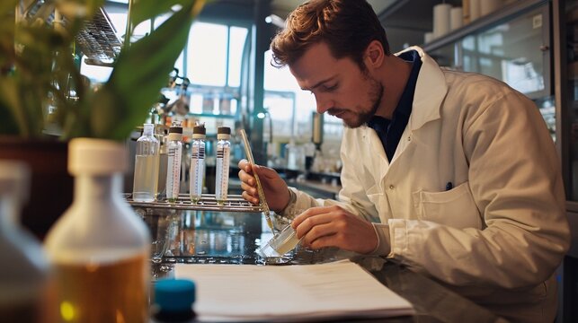A diligent environmental technician analyzing water samples in a laboratory, surrounded by scientific instruments and notes