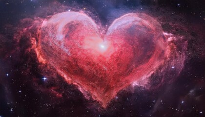 Obraz premium A luminous heart-shaped nebula with warm pink and coral tones, floating in a vast, dark spac