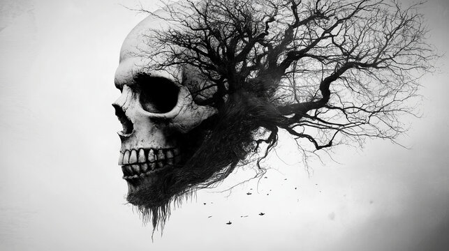 A skull with a tree growing from its head, against a white background.