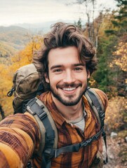 Obraz premium Hiking Adventure: Smiling Outdoorsman Sharing Moments on Social Media