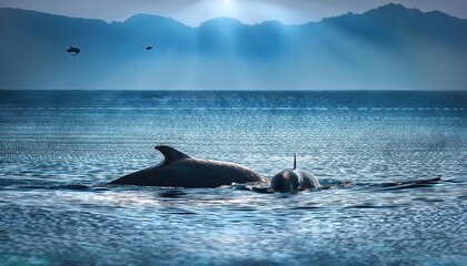 Fototapeta premium A whale calf swimming closely beside its mother, their bodies creating gentle ripples in the