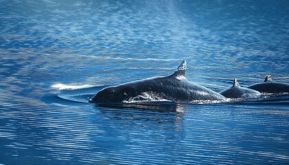 Fototapeta premium A whale calf swimming closely beside its mother, their bodies creating gentle ripples in the