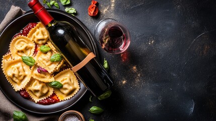 A rich Italian meal with ravioli and a bottle of wine, featuring room for promotional text