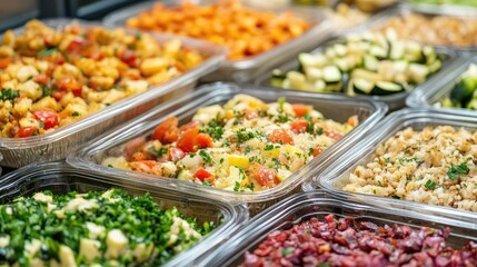 Obraz premium A selection of catering dishes ready for delivery, with a clear backdrop for copy