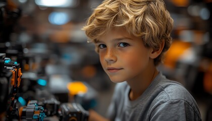 Young boy coding with a robot, focused expression, vibrant classroom setting